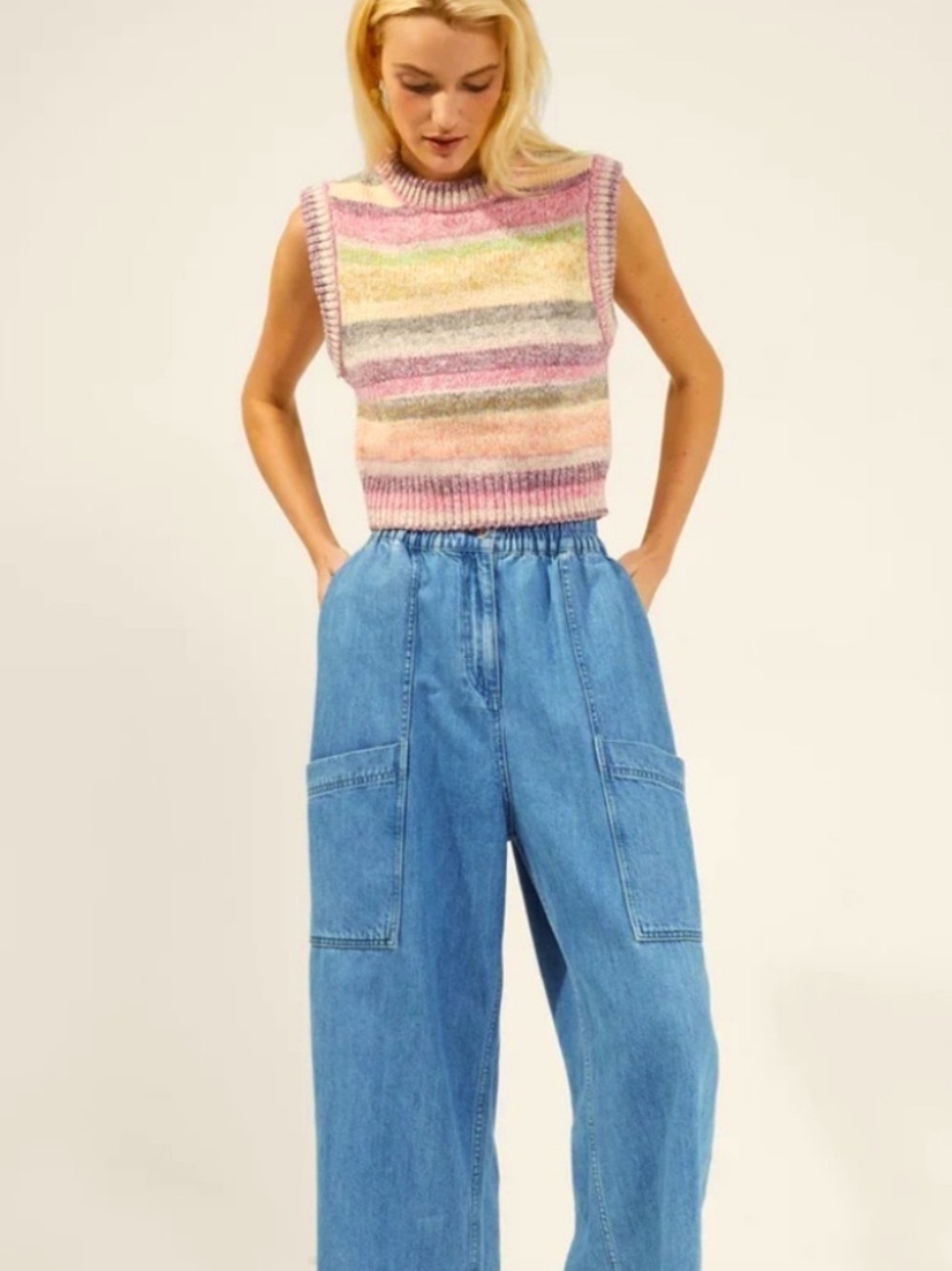 French Connection space dye multi colored cotton blend striped chunky knit top